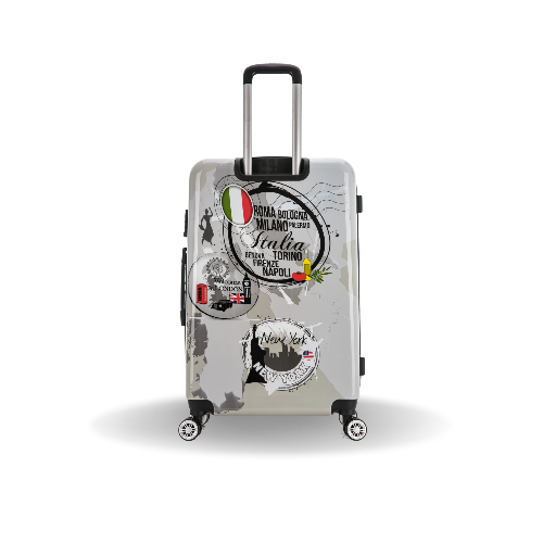 Transparent suitcase with city names and graphics on a white background