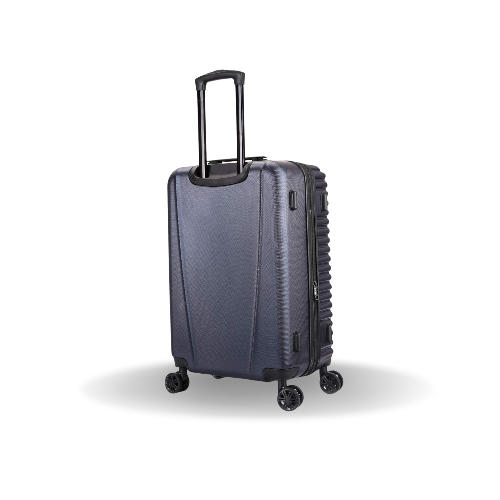 Blue suitcase with wheels on a white background