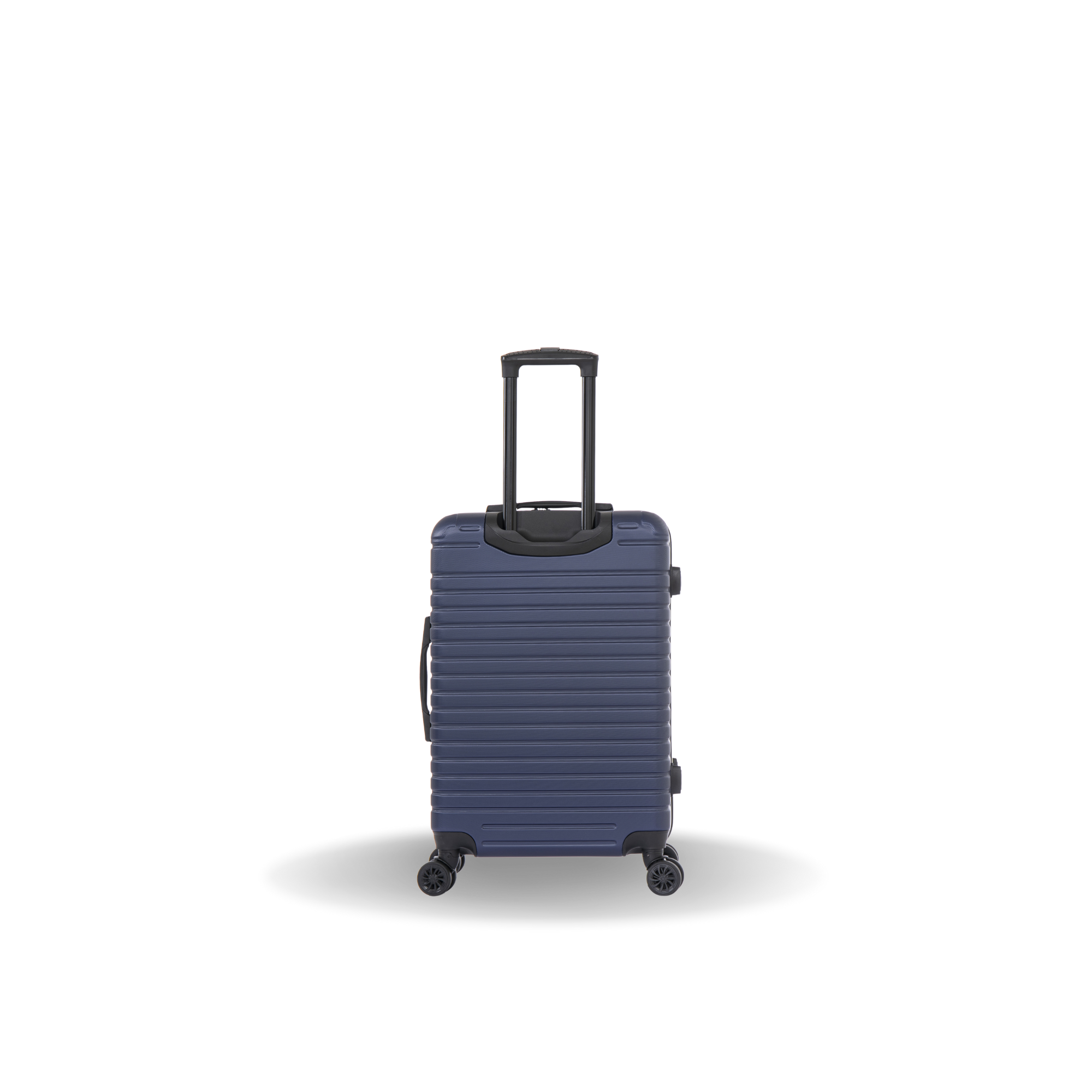 Blue suitcase with a black handle on a white background