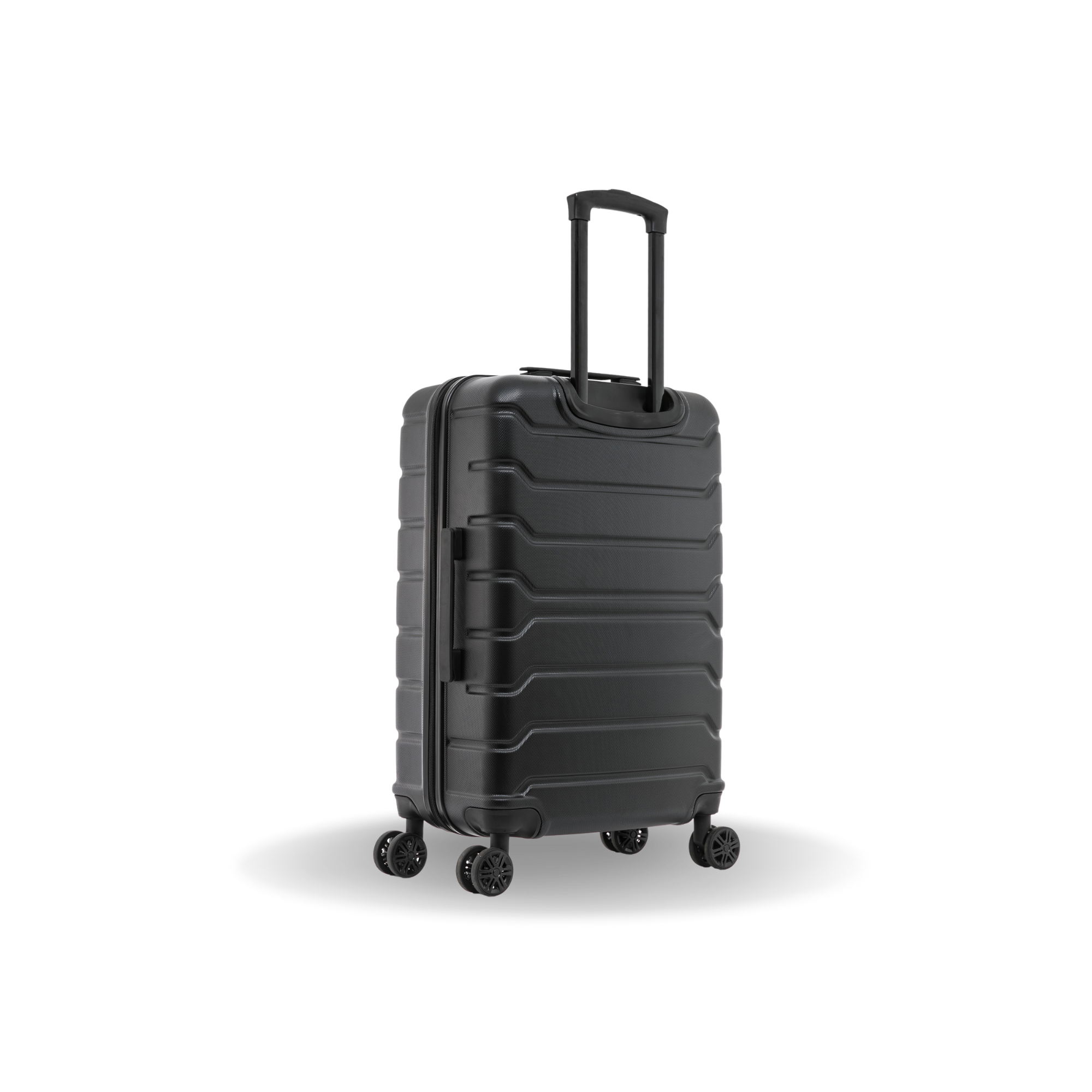 Black suitcase with wheels on a white background
