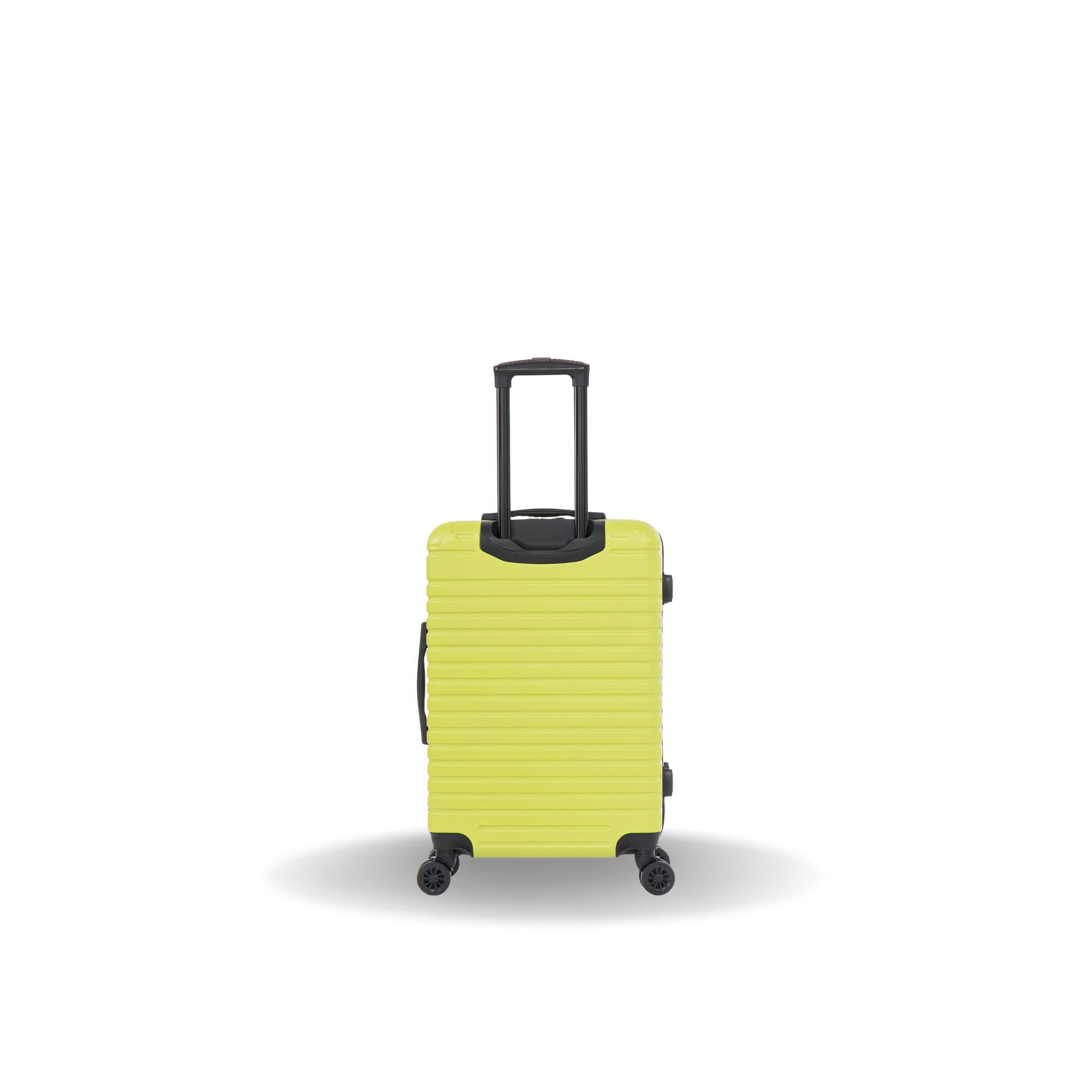 Yellow suitcase with black handle on a white background