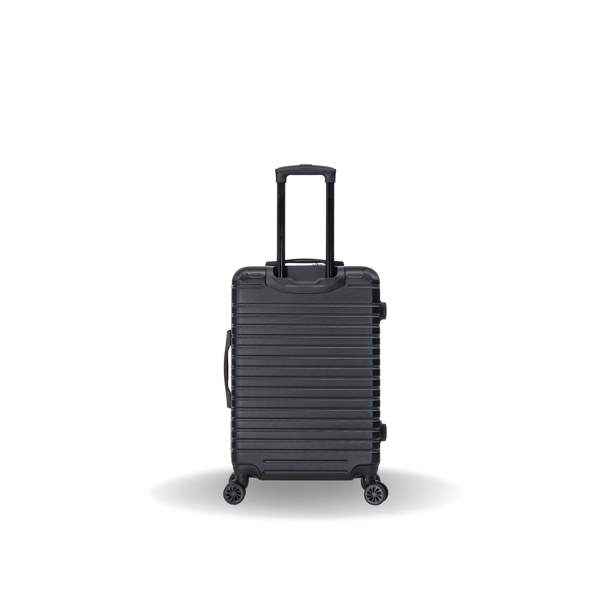 Black suitcase with wheels on a white background