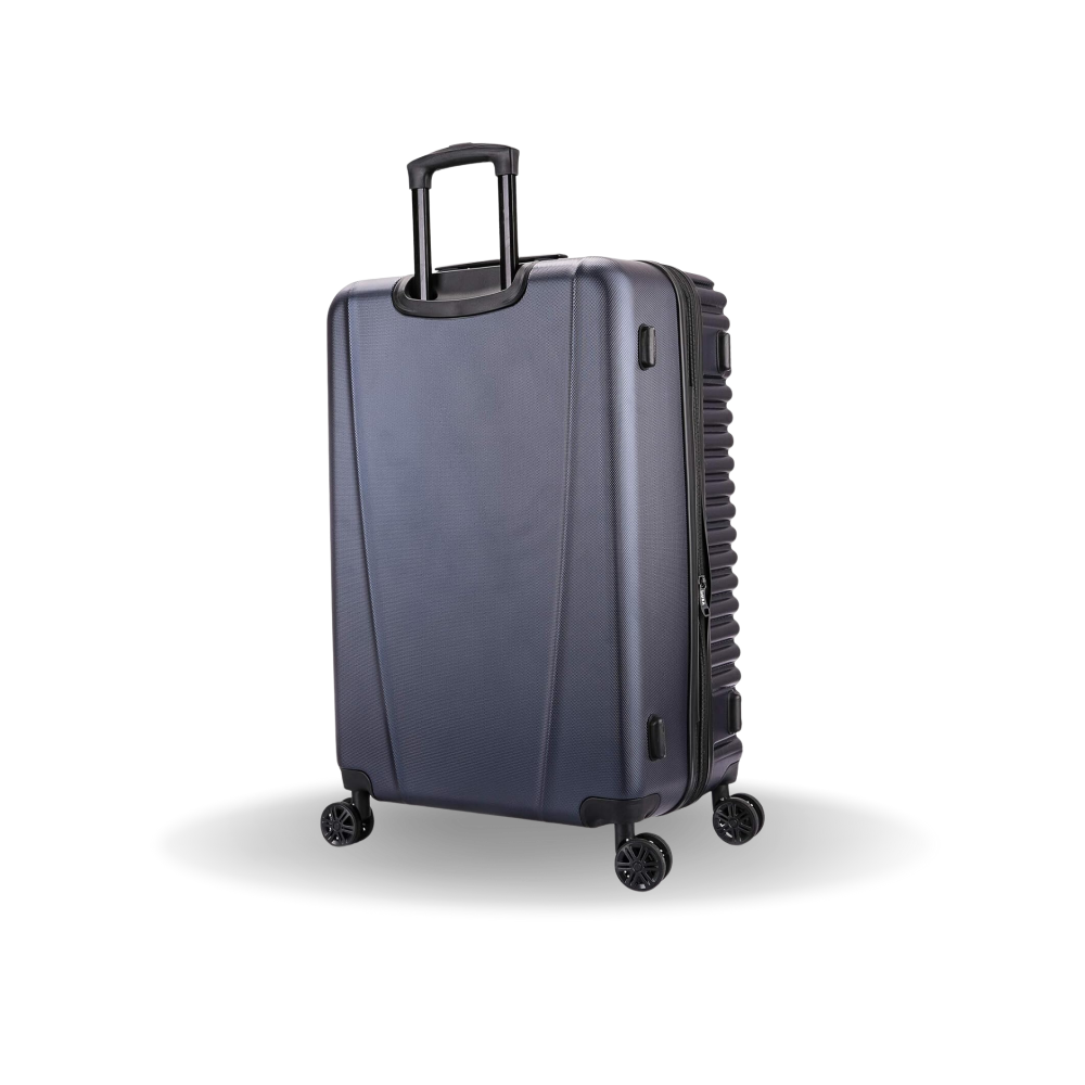 Gray suitcase with wheels on a white background