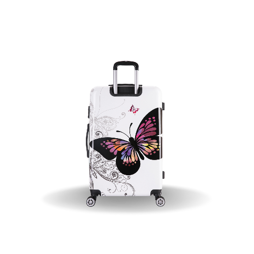 White suitcase with a colorful butterfly design on a white background