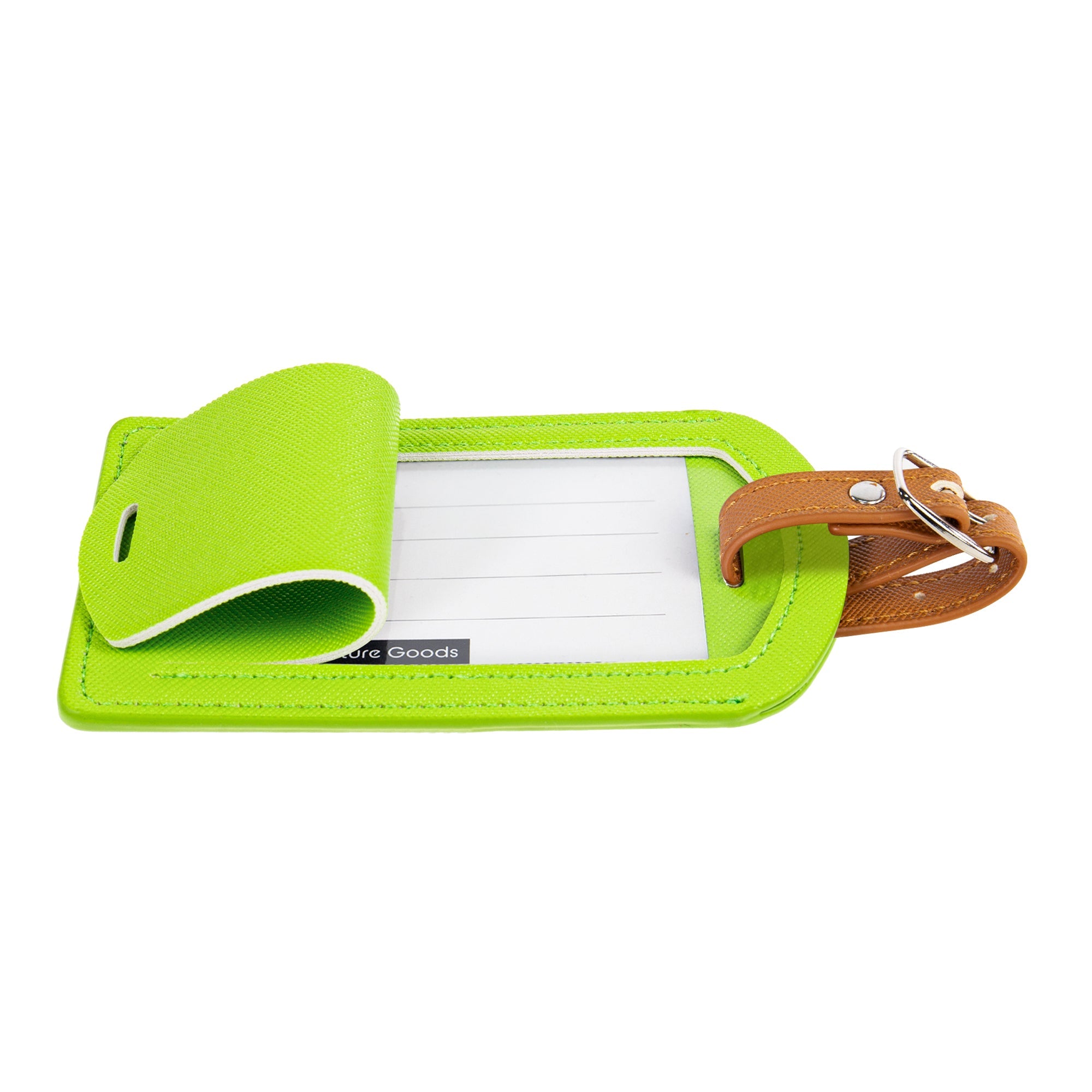 Green luggage tag with a brown strap on a white background