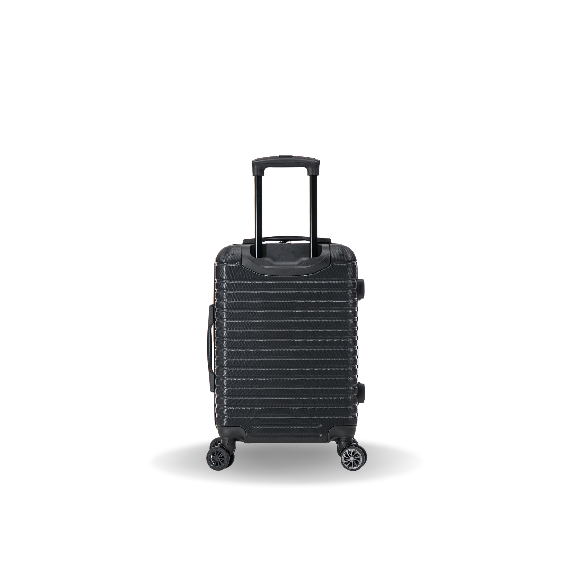 Black suitcase with wheels on a white background