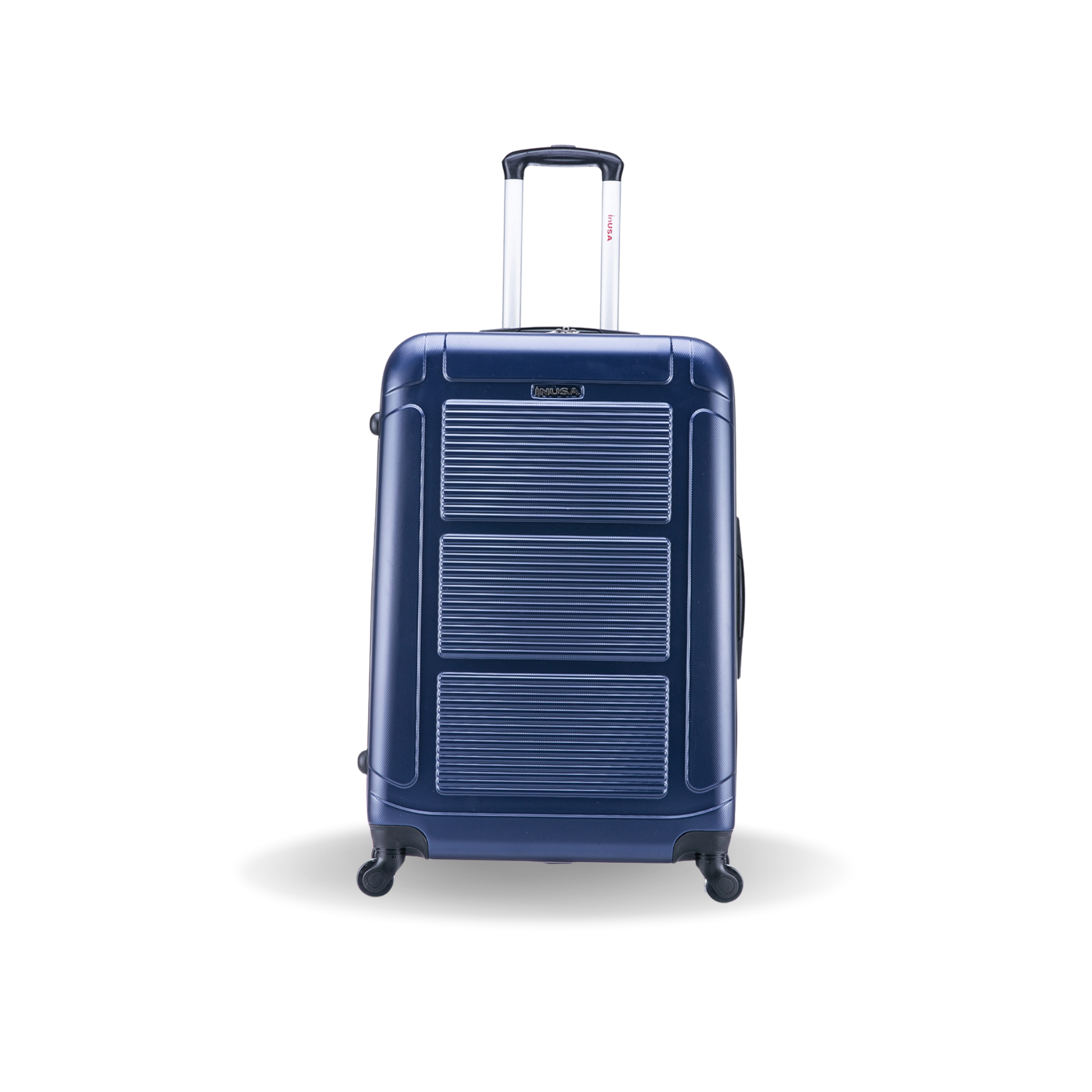 Blue suitcase with a visible brand logo on a white background