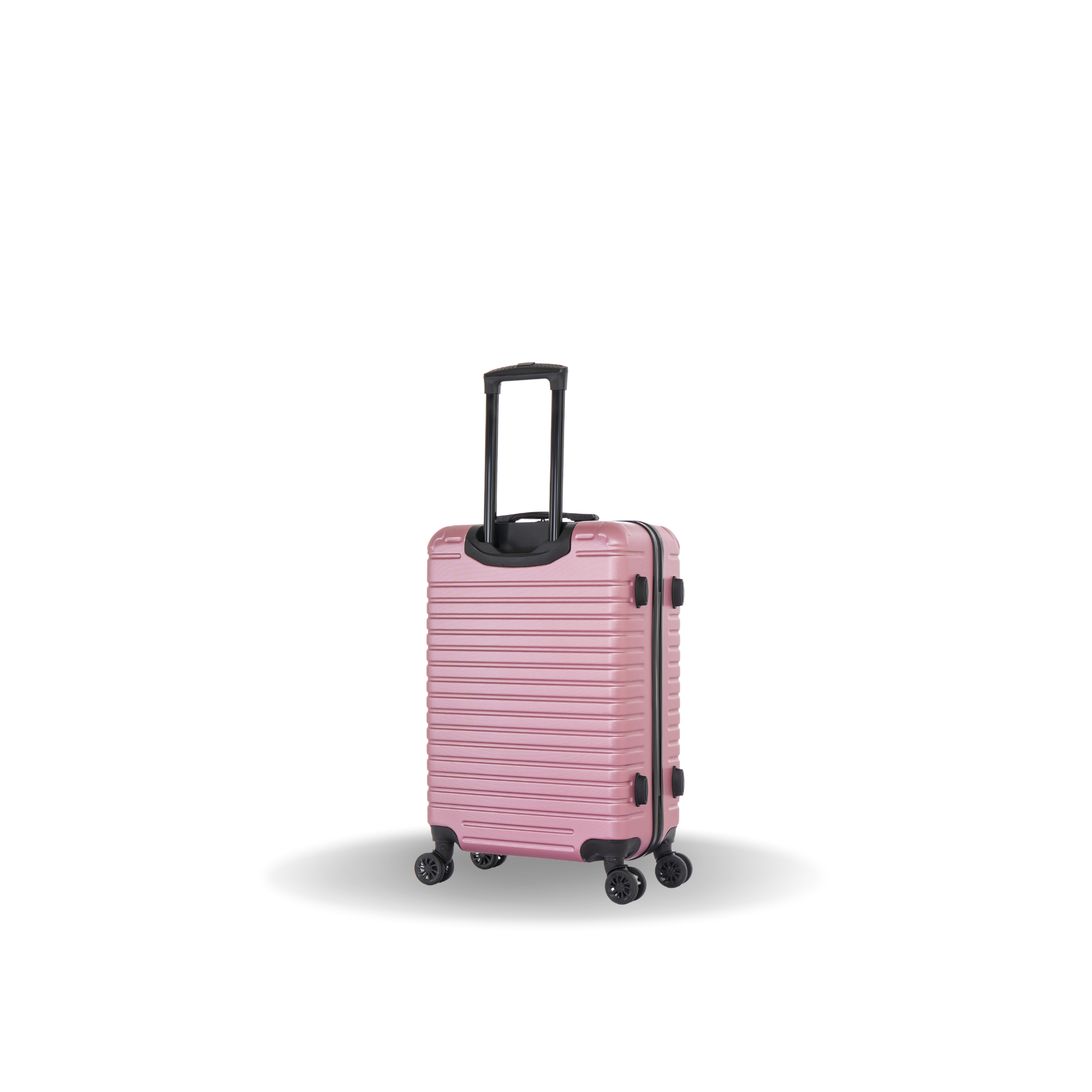 Pink suitcase with black handle and wheels on a white background
