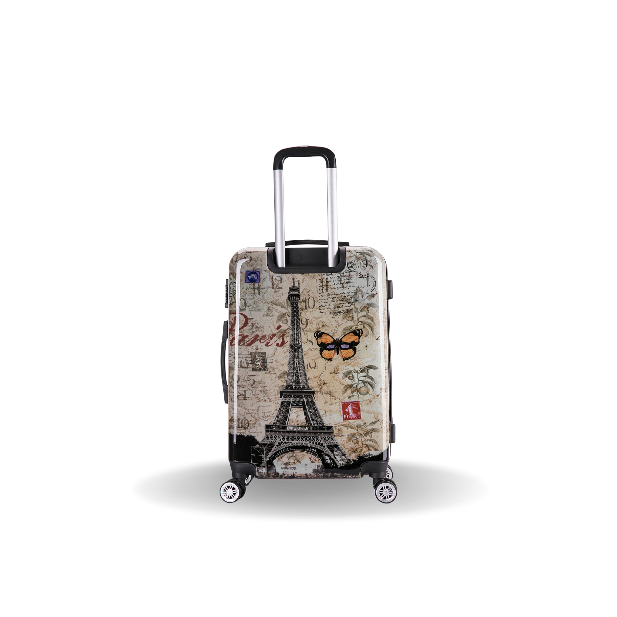 Suitcase with Eiffel Tower and butterfly design on a white background