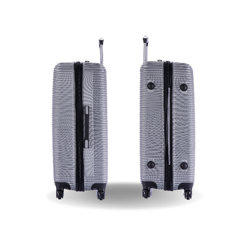 Two silver suitcases with black accents on a white background