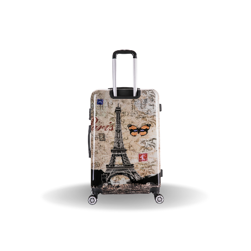 Suitcase with Paris-themed design featuring the Eiffel Tower and butterfly on a beige background