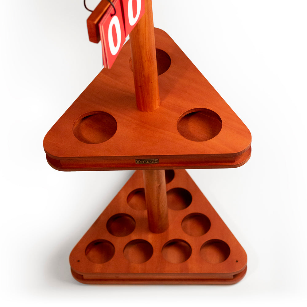 Wooden stand with multiple holes on a white background