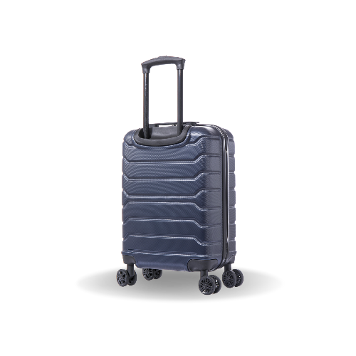 Blue suitcase with wheels on a white background