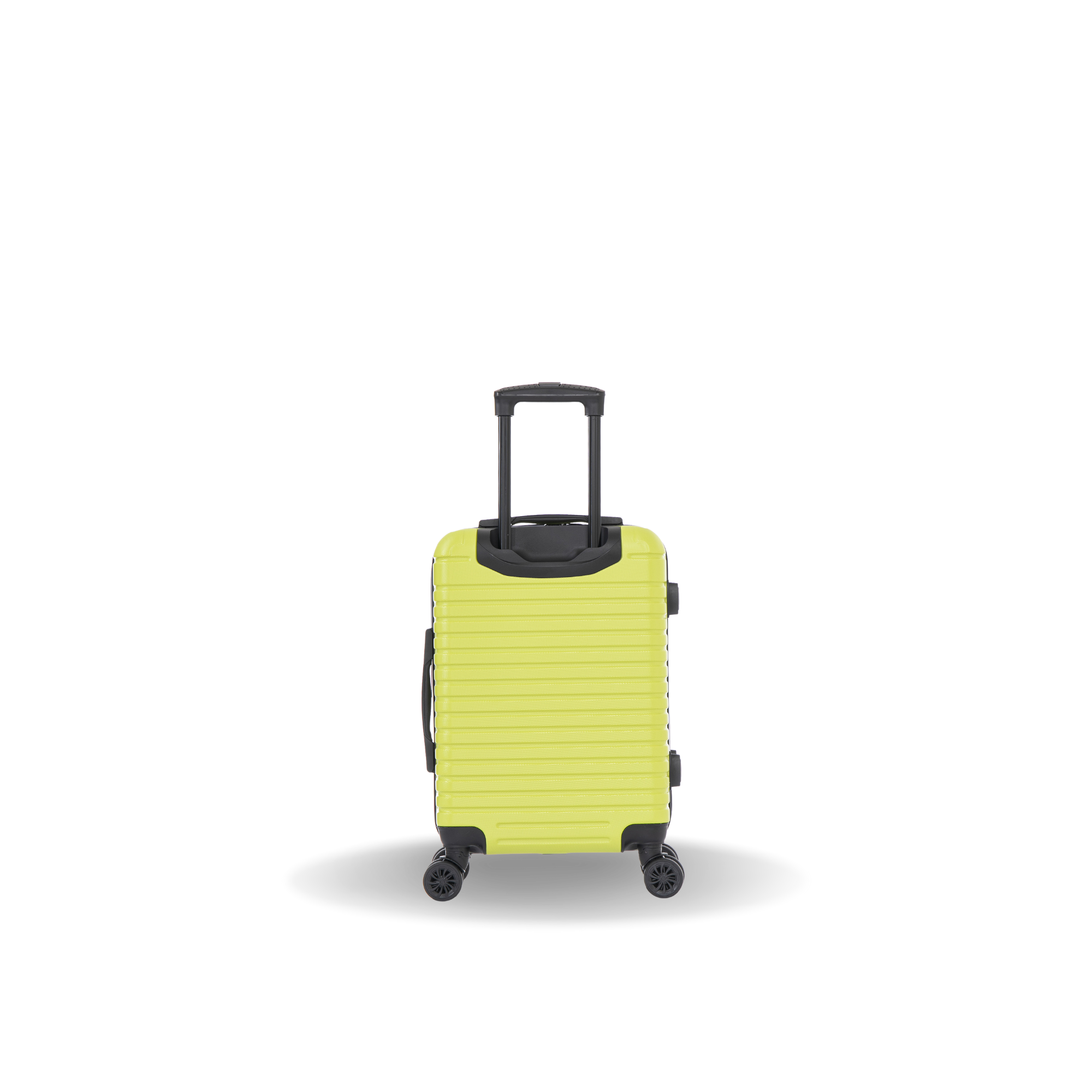 Yellow suitcase with black handle and wheels on a white background