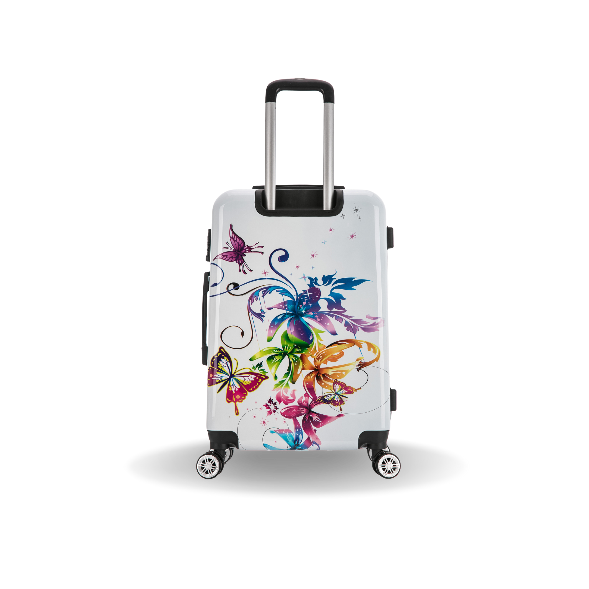 Suitcase with colorful butterfly design on a white background