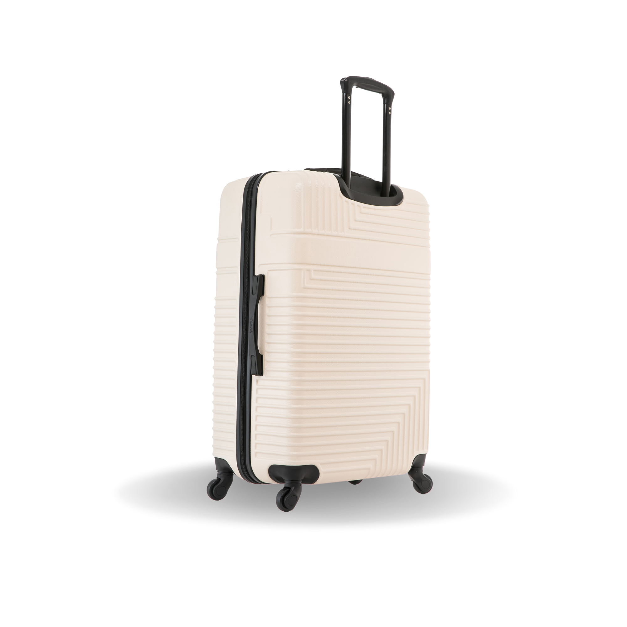 Beige suitcase with black handle and wheels on a white background