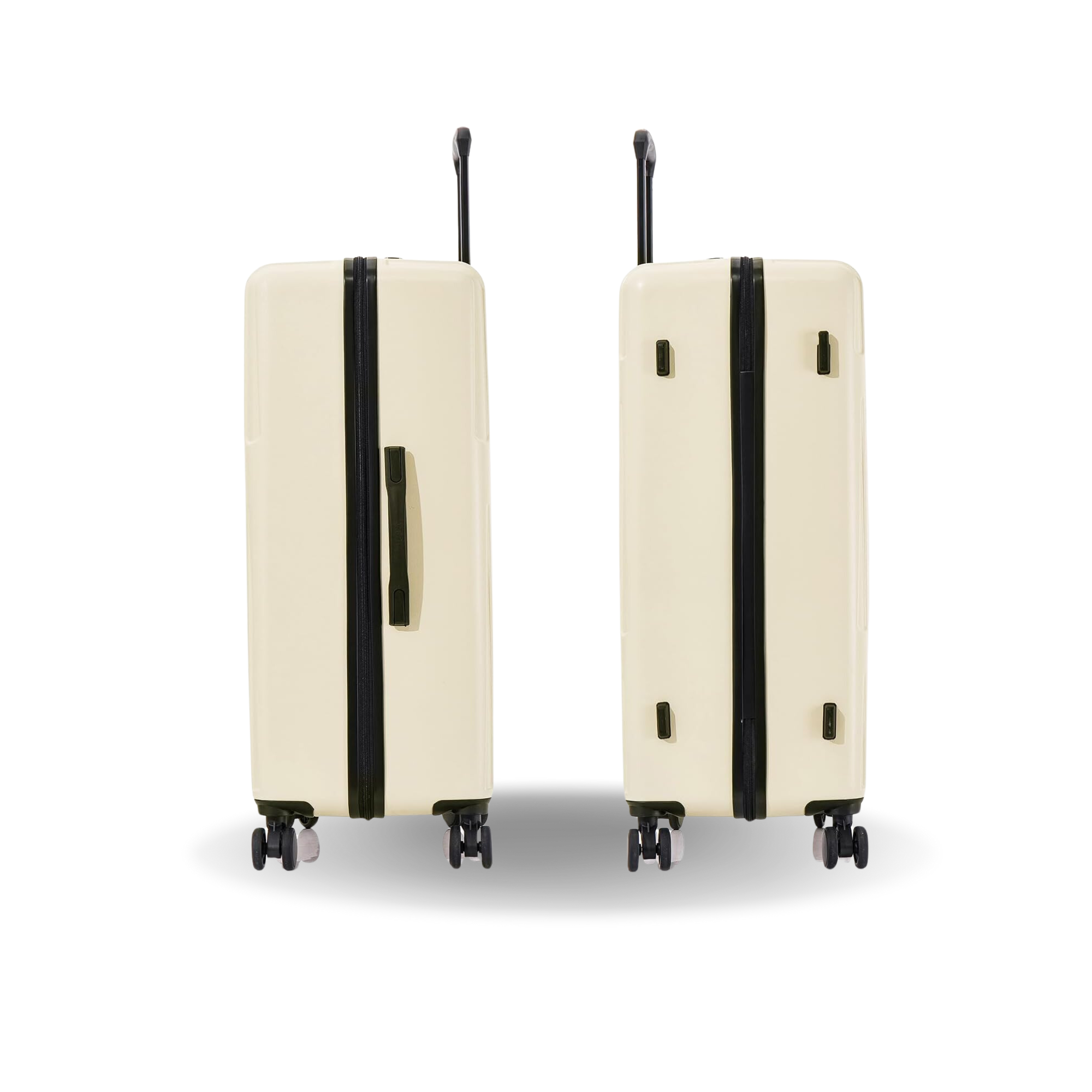 Two cream-colored suitcases with black straps on a white background