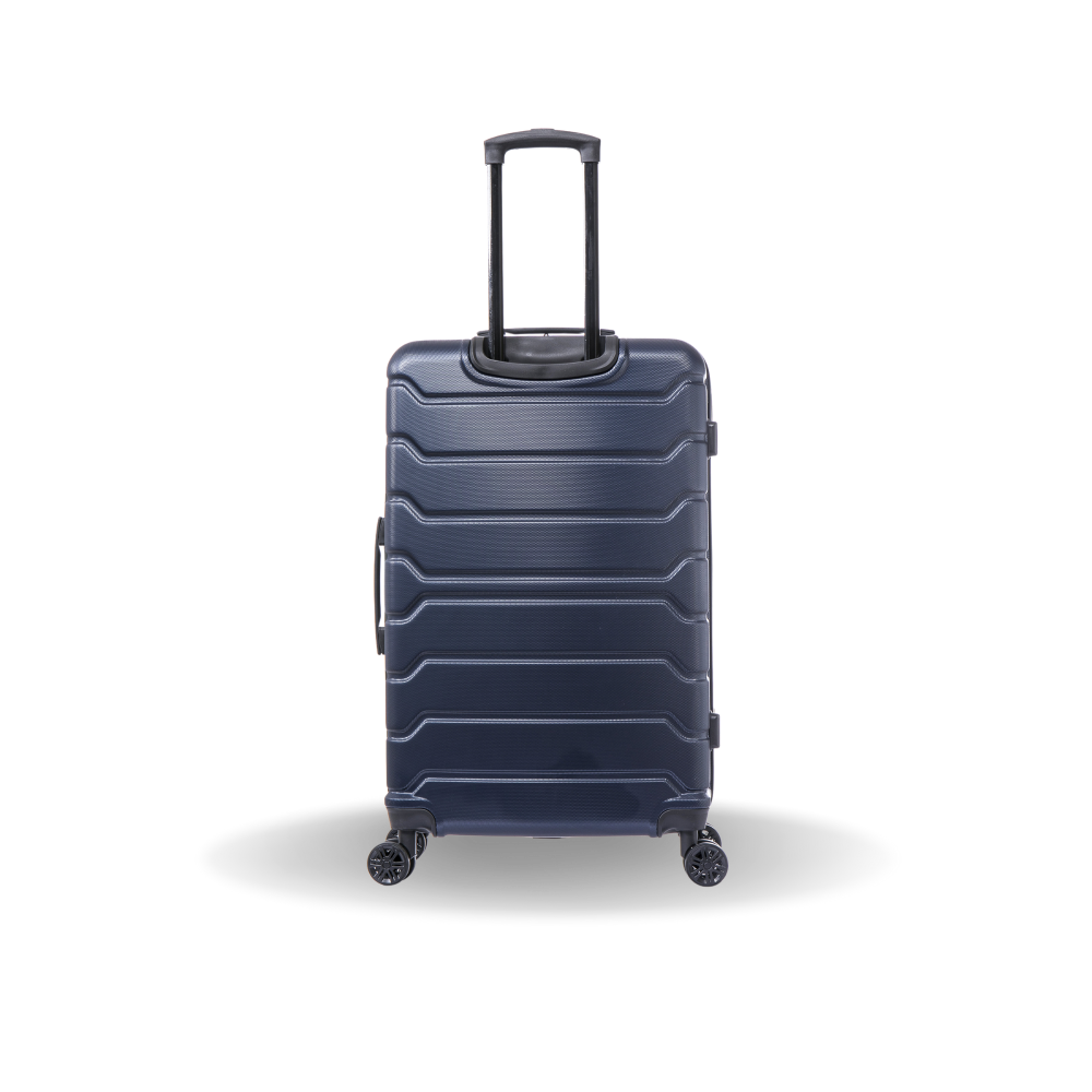 Navy blue suitcase with a black handle on a white background