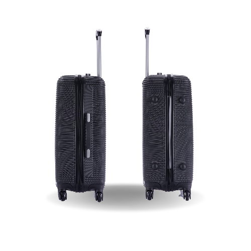 Two black suitcases with textured surface and wheels on a white background