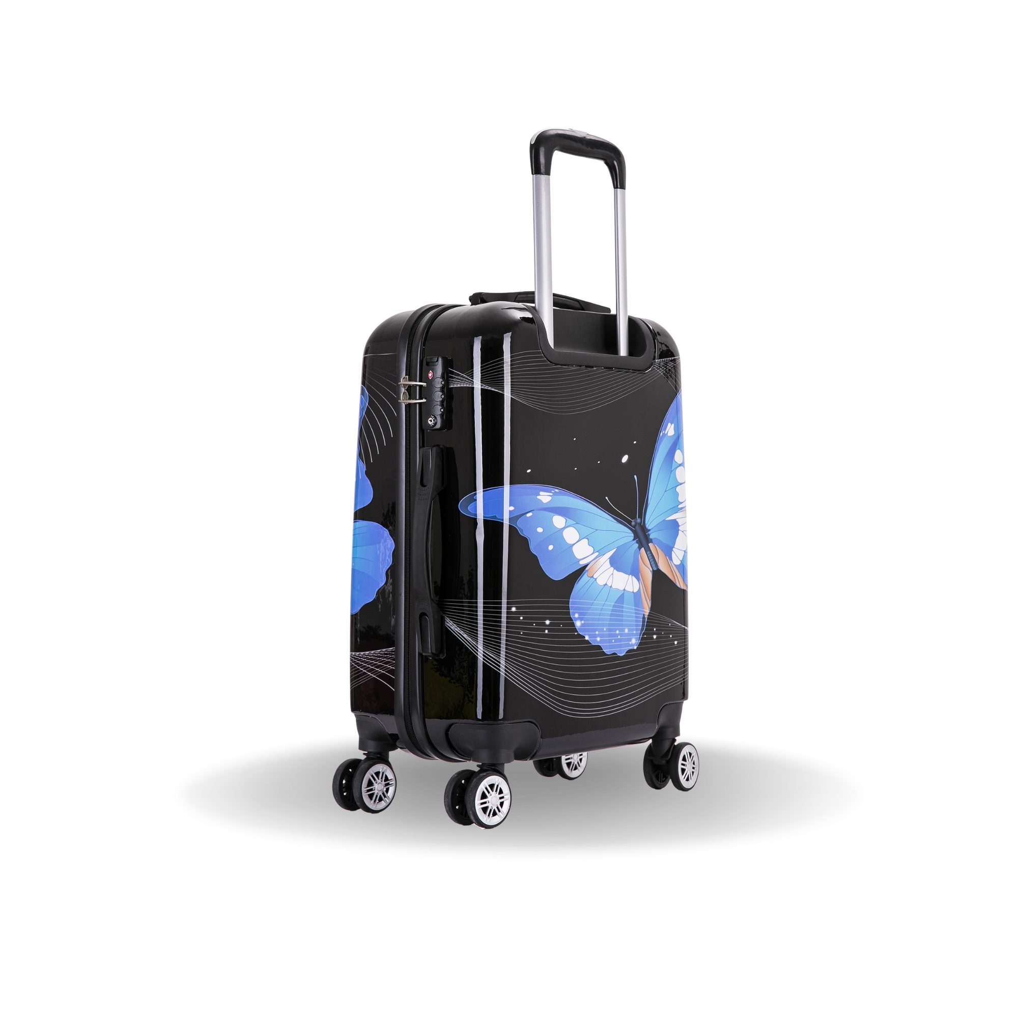 Black suitcase with blue butterfly design on a white background