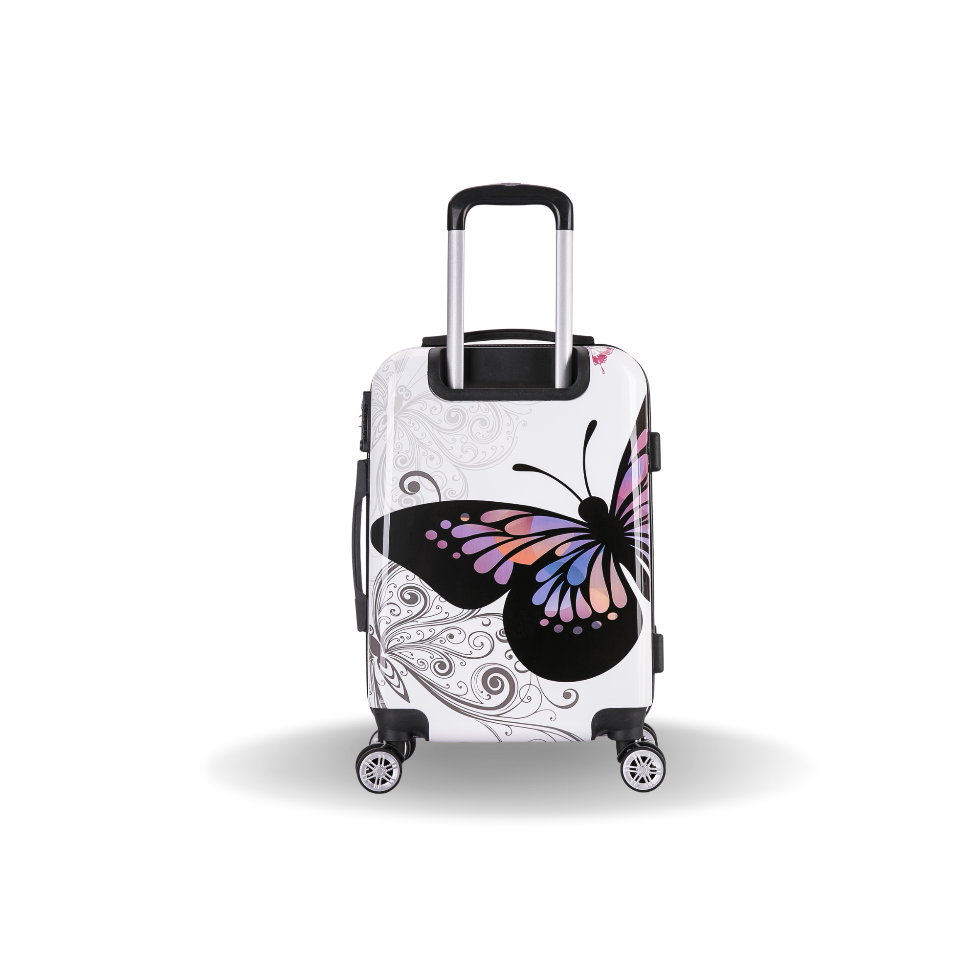 Suitcase with a colorful butterfly design on a white background