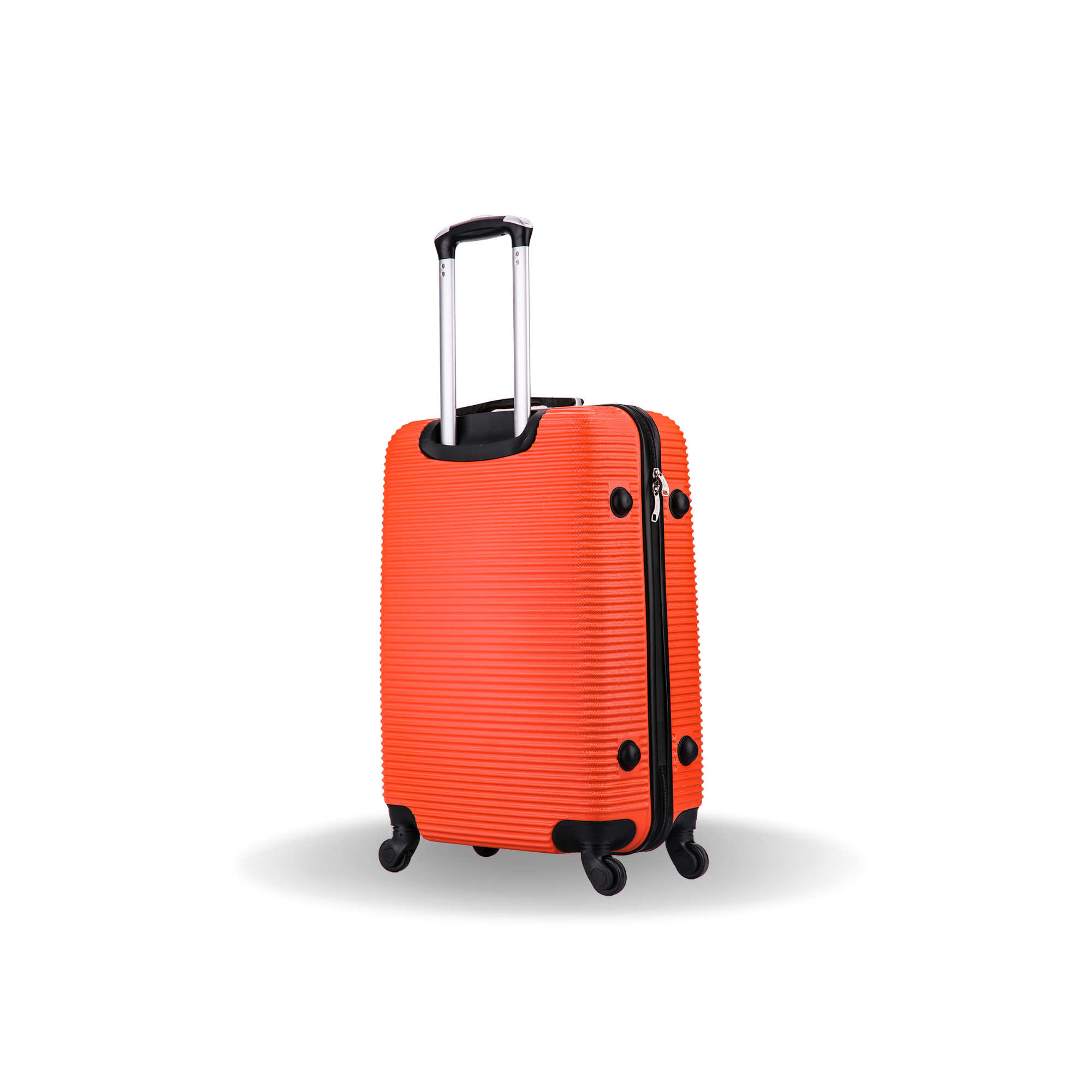 Orange suitcase with black accents on a white background