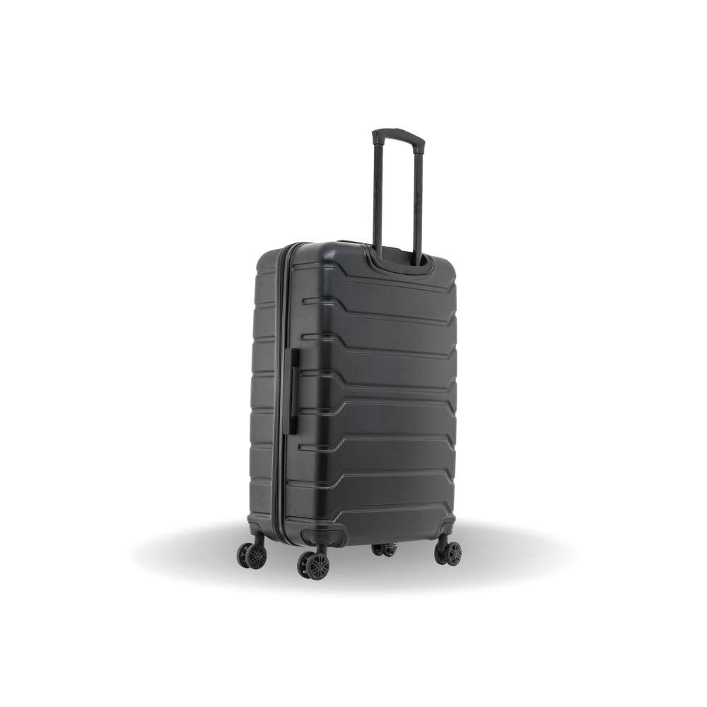 Black suitcase with wheels on a white background