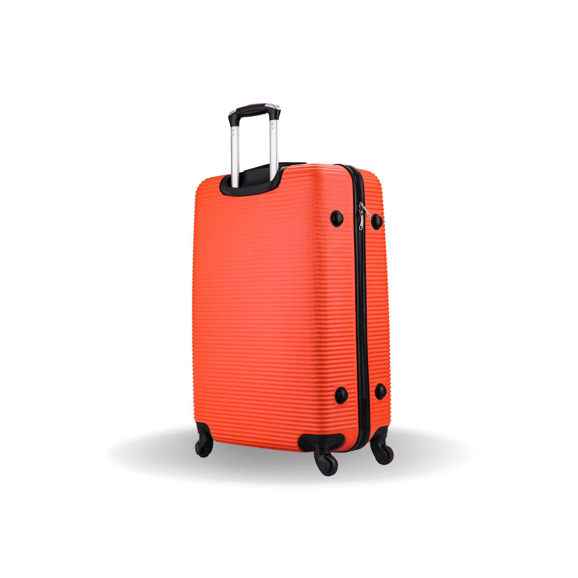 Orange suitcase with black accents on a white background
