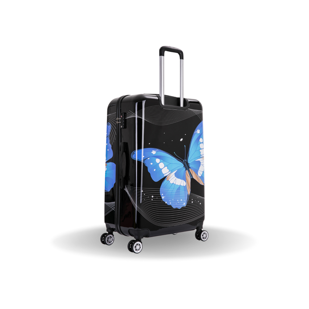 Black suitcase with blue butterfly design on a white background