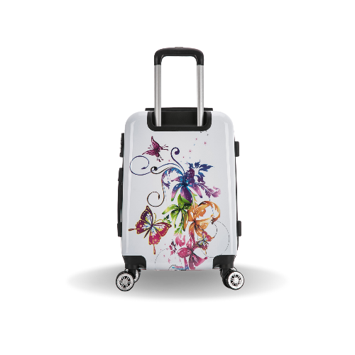 White suitcase with colorful butterfly design on a white background