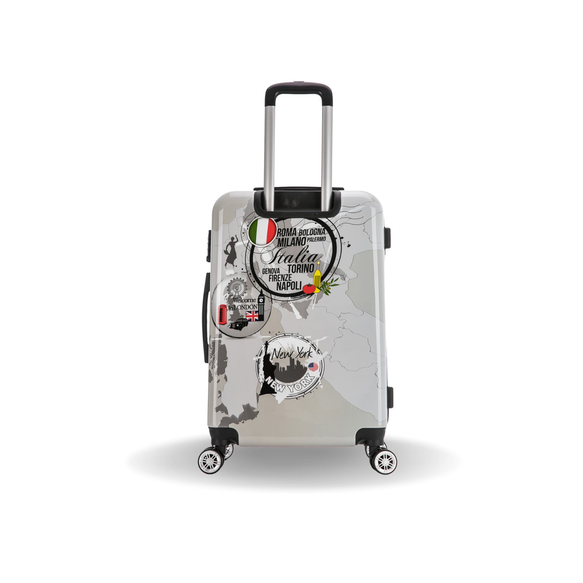Silver suitcase with travel-themed stickers on a white background