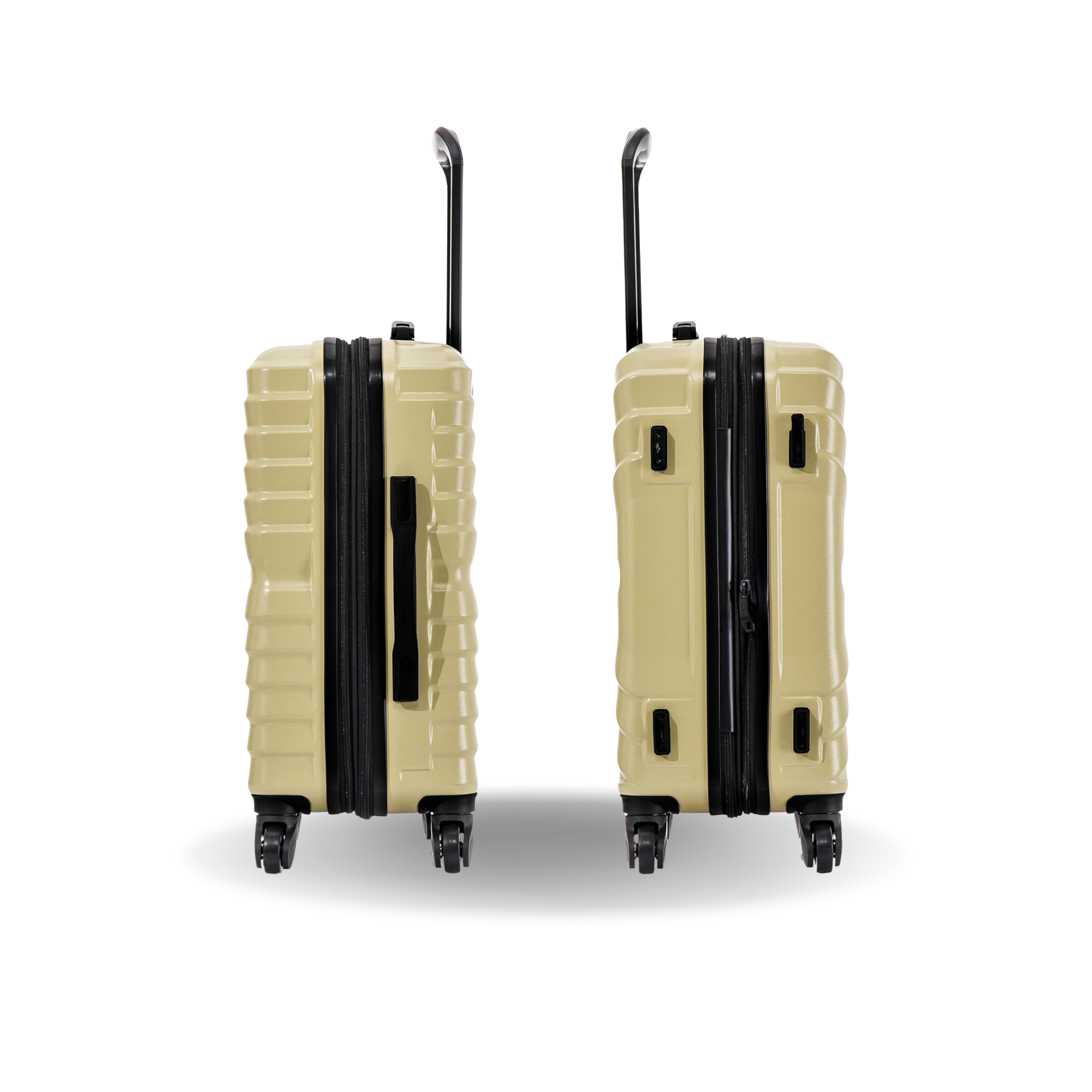 Two beige suitcases with black handles and wheels on a white background