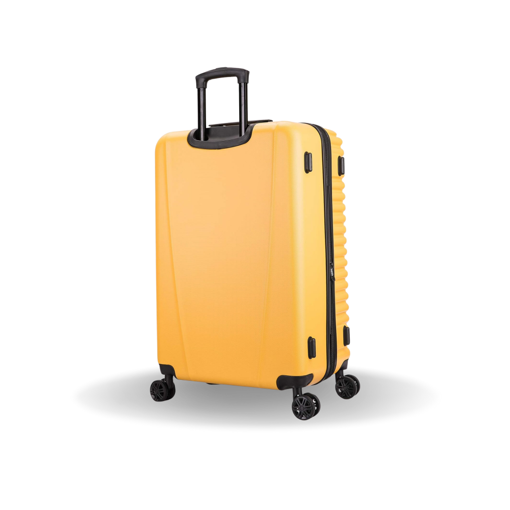 Yellow suitcase with black wheels and handle on a white background