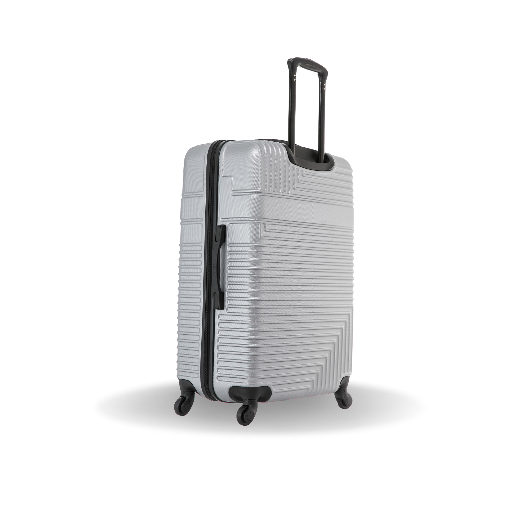 Silver suitcase with black handle and wheels on a white background