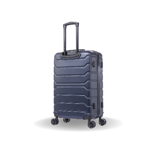 Blue suitcase with wheels on a white background