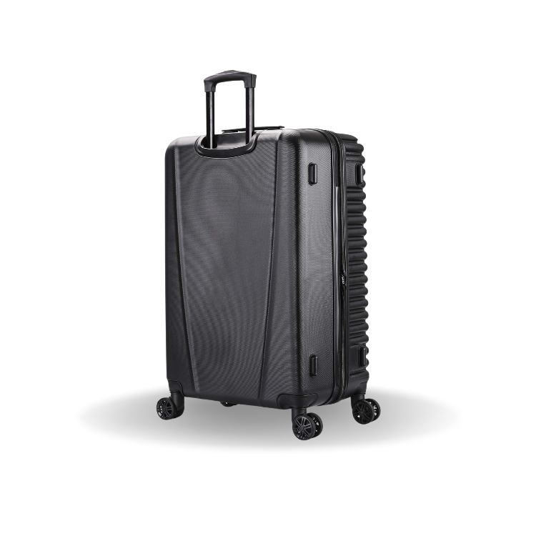 Black suitcase with wheels on a white background