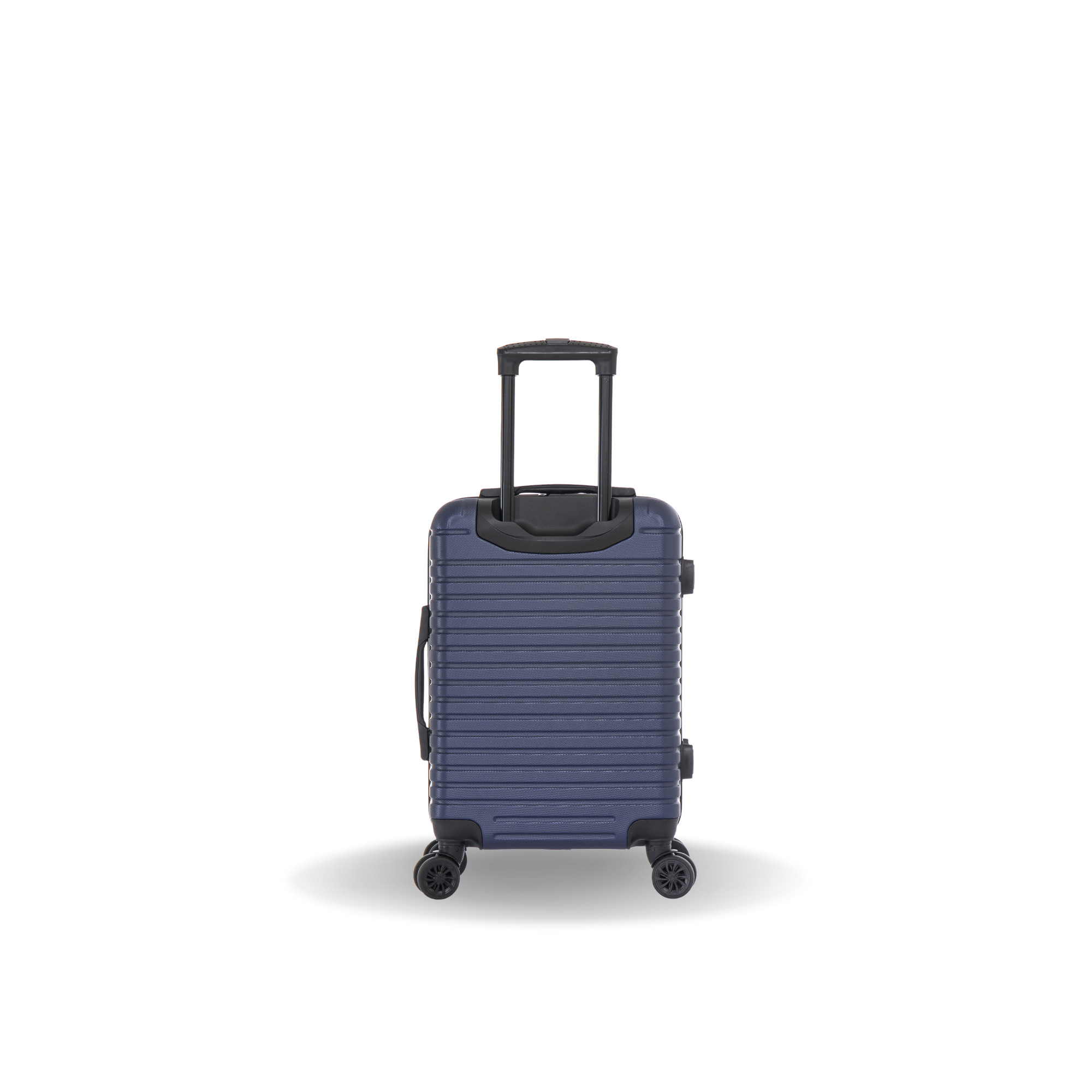 Blue suitcase with a black handle on a white background