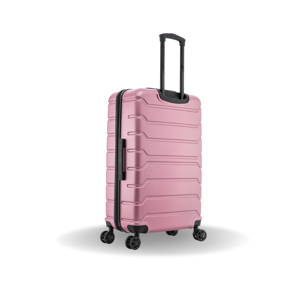 Pink suitcase with black handle and wheels on a white background