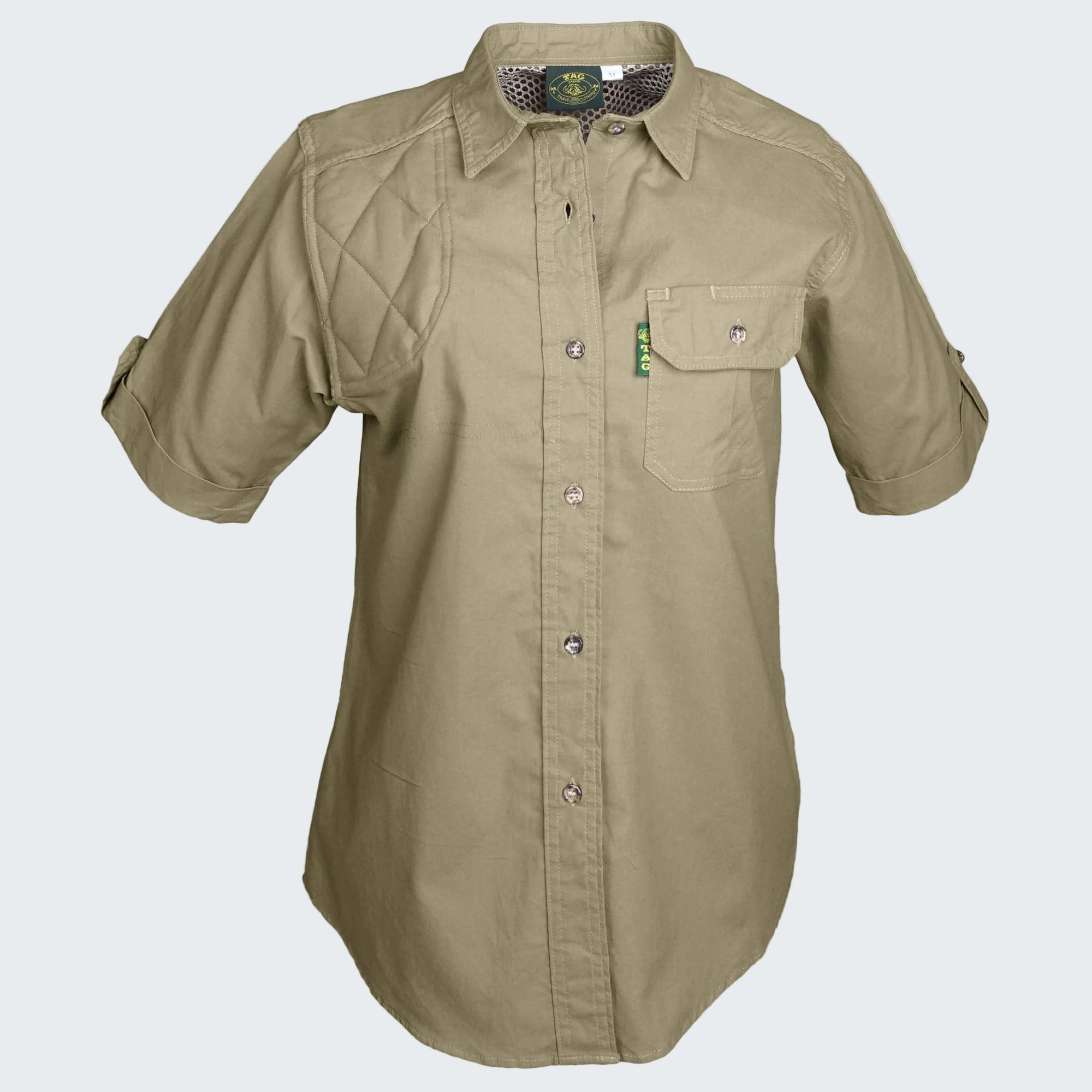 Khaki shirt with short sleeves on a white background