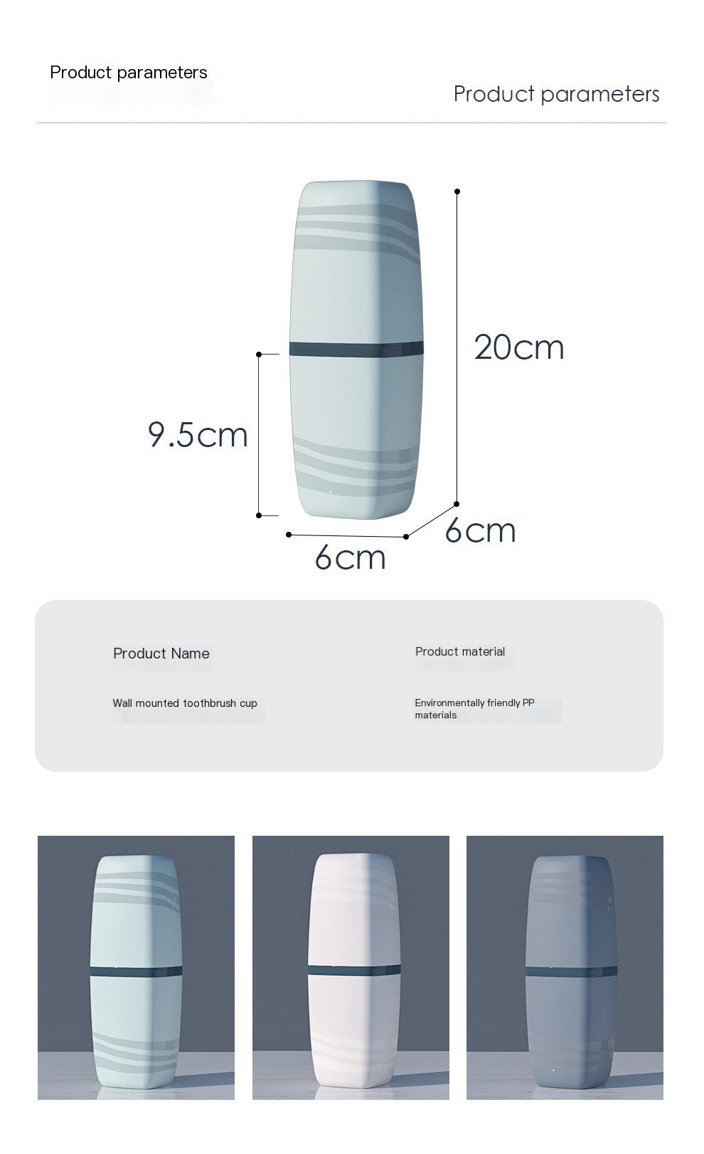 White wall-mounted toothbrush holder with dimensions and material details on a white background
