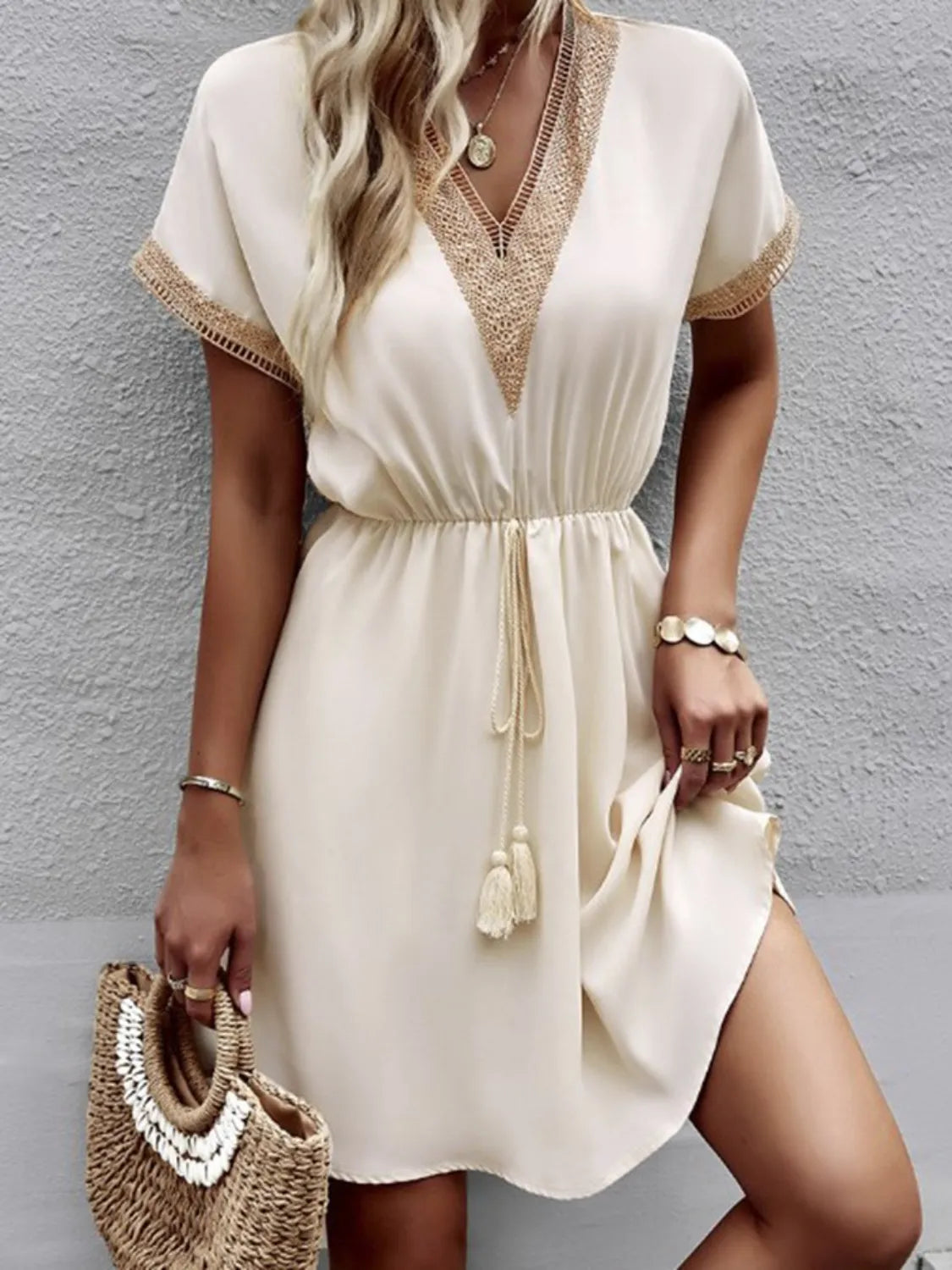 Full Size Tassel V-Neck Short Sleeve Dress