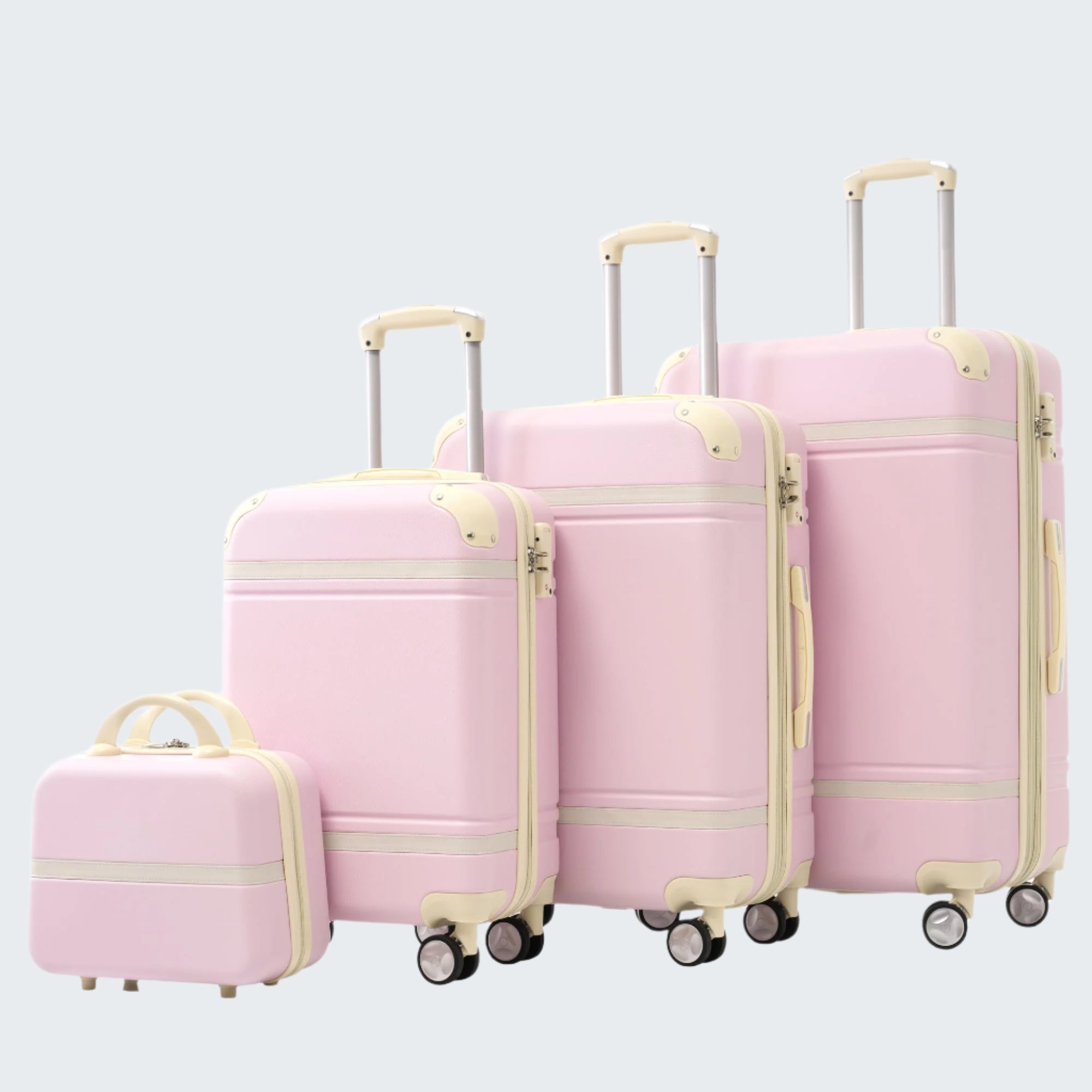 A set of four pink hardshell spinner suitcases with TSA locks and expandable features, including a cosmetic case, displayed in an arranged formation.
