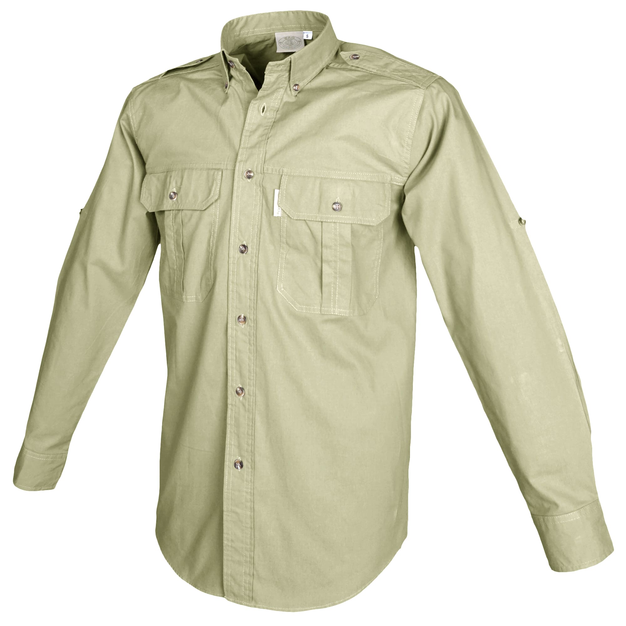Beige shirt with two front pockets on a white background