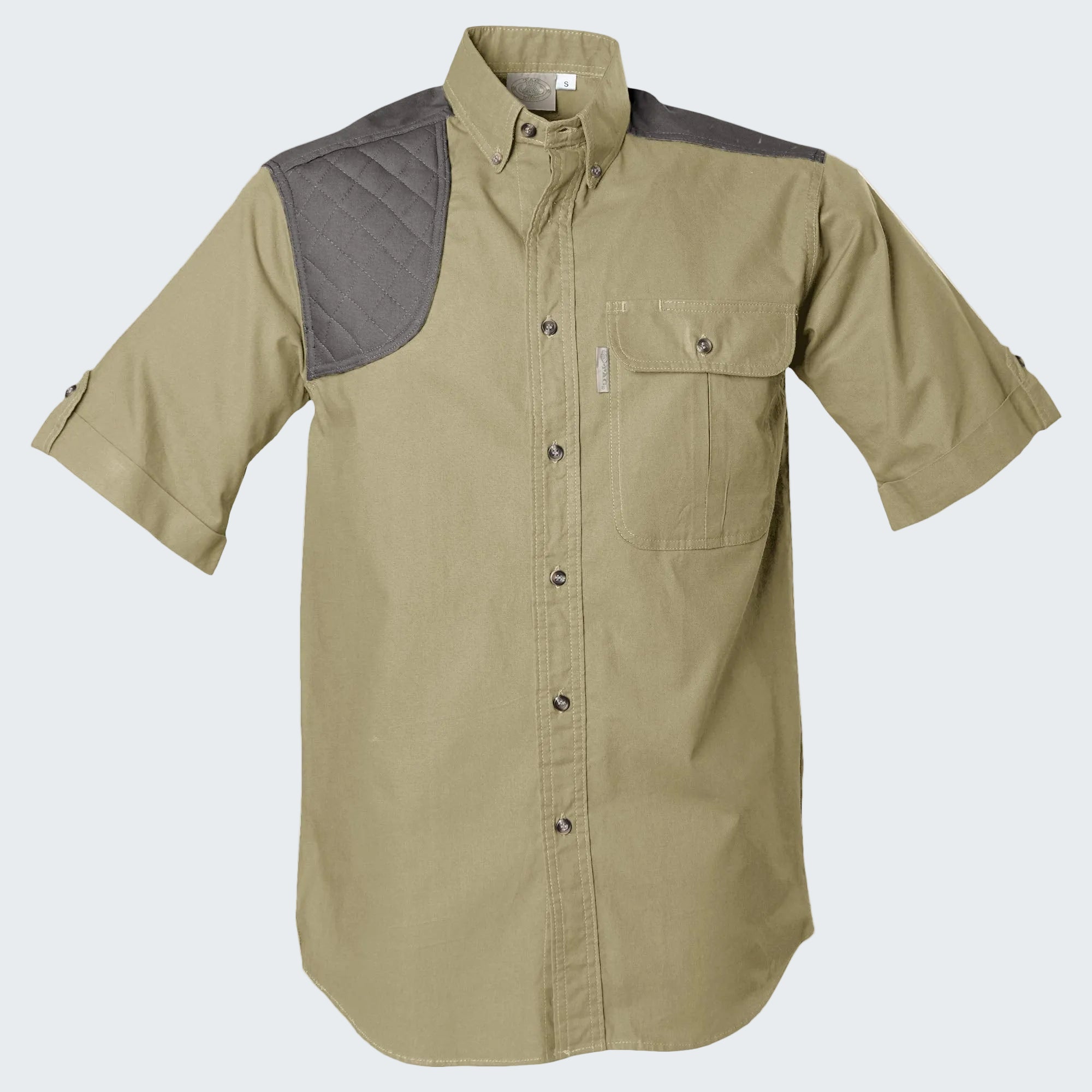 Khaki shirt with gray shoulder patch on a white background
