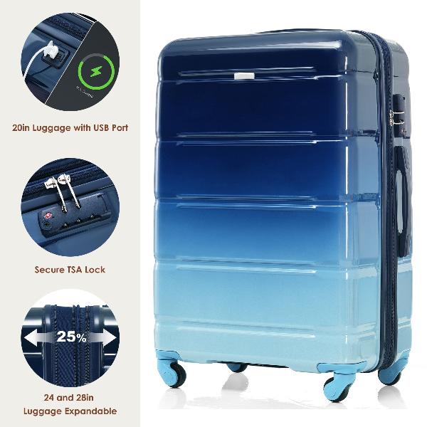 Luggage Sets 4 Piece, 20-inch with USB Port, Expandable ABS Durable