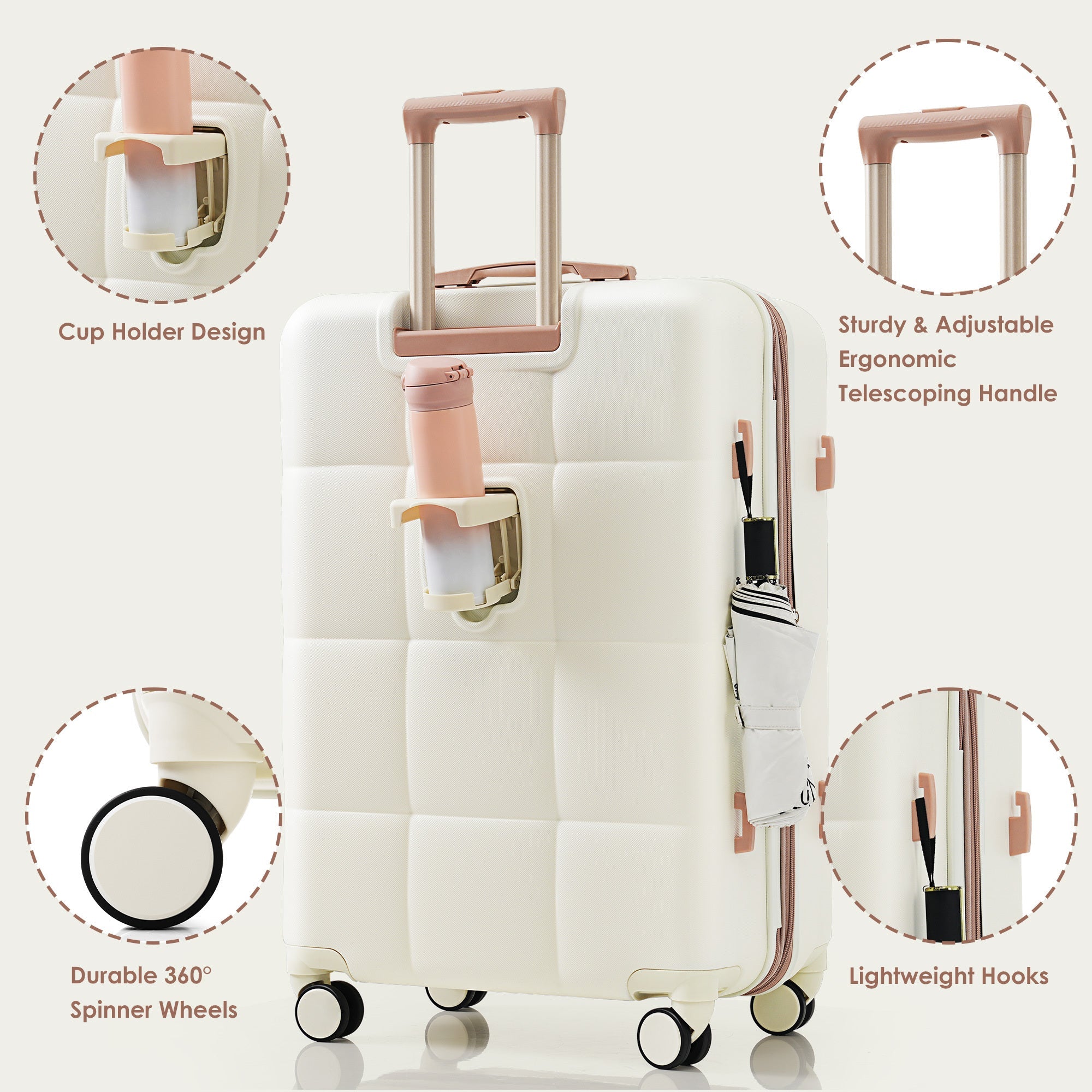 Expandable Four Piece Ivory ABS Durable Suitcase with Travel Bag