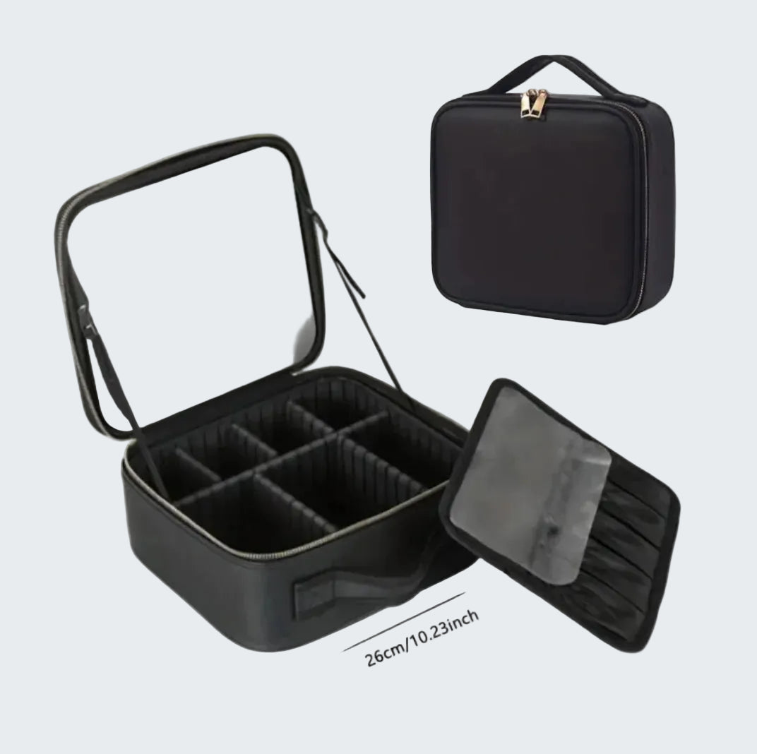 Black travel makeup case with mirror and dimensions on a white background