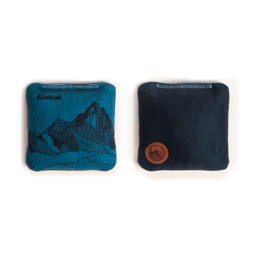 Two bean bags, one blue with a logo and one black with a brown logo, on a white background.