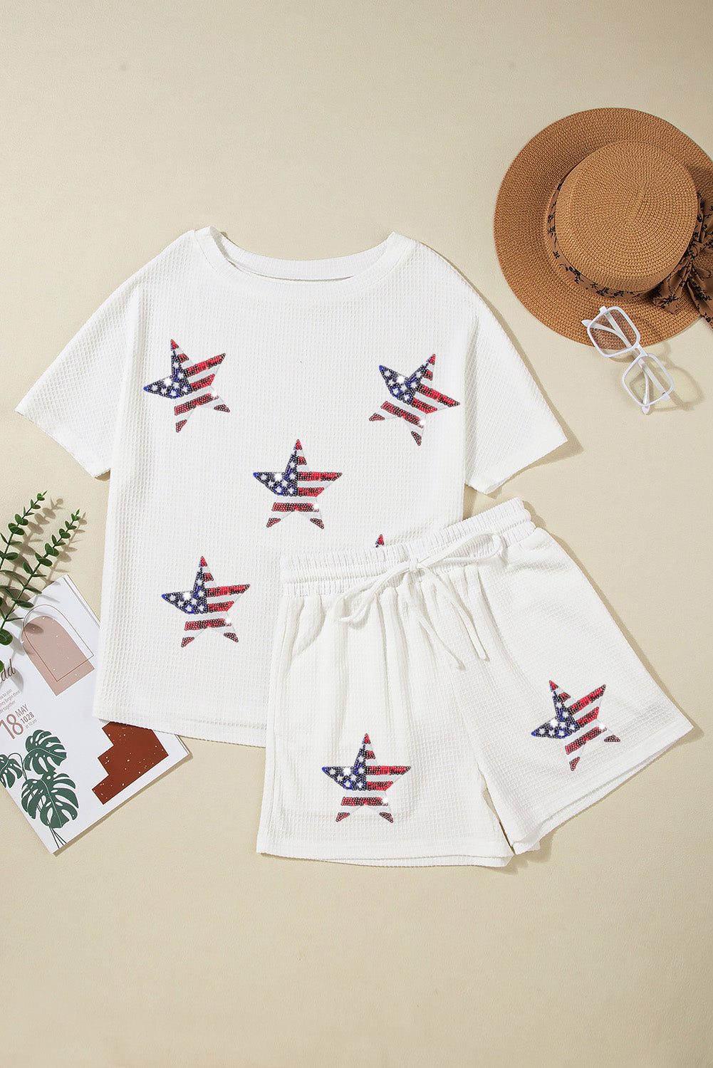 White Waffle Sequin American Flag Star Pattern Shorts Set