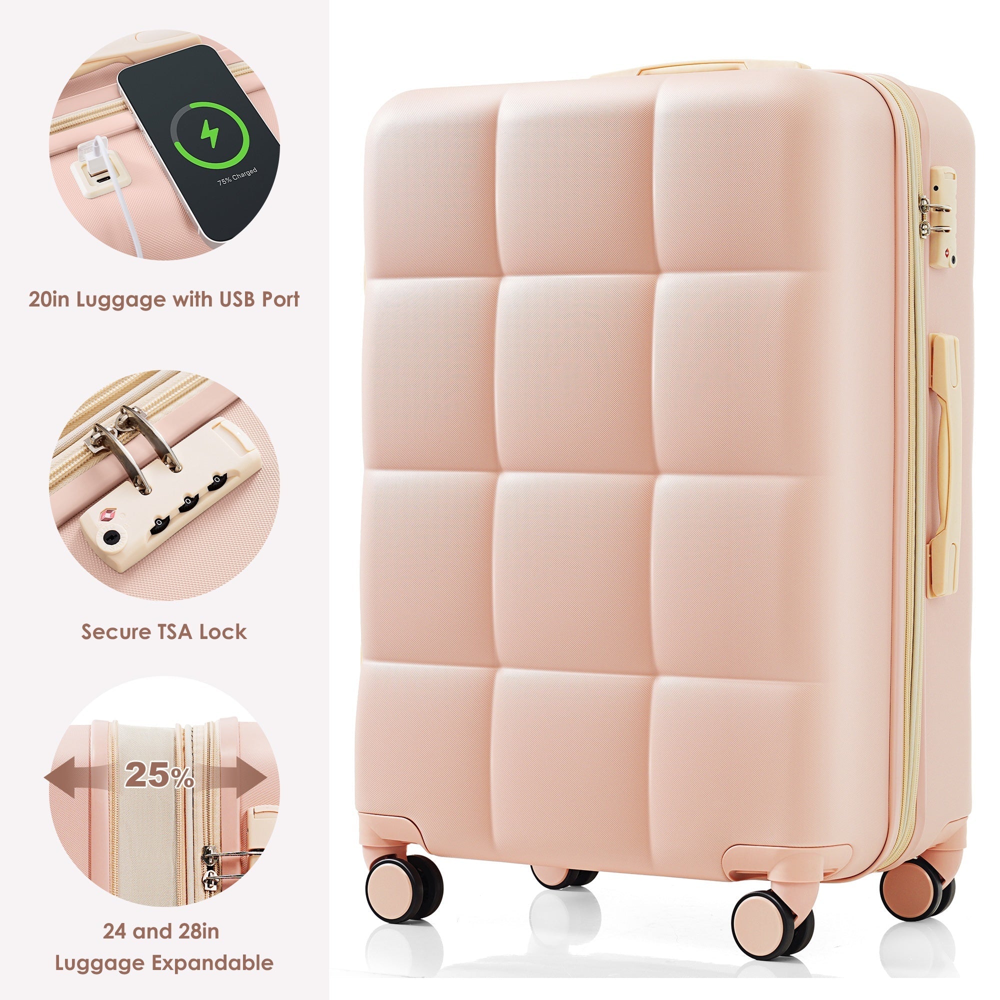 Luggage Sets 4 Piece, 20-inch with USB Port, Expandable ABS Durable